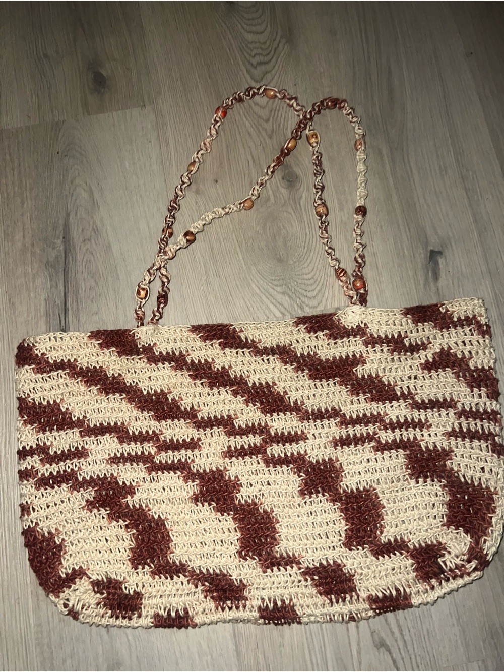 Zara Brown & Cream Woven Tote Bag – Beaded Straps, Preowned